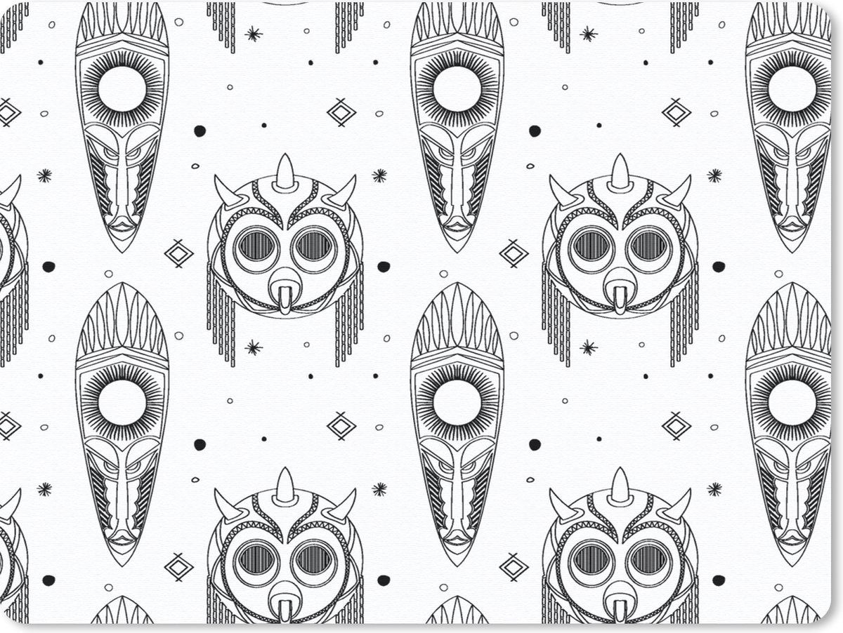 Muismat 23x19 cm - Mousepad Maya - Maskers - Zwart-Wit - Patroon - Muismatten