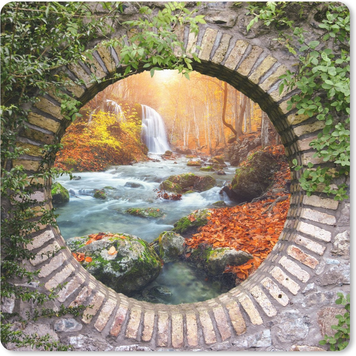 Muismat 20x20 cm - Mousepad Herfst - Waterval - Natuur - Doorkijk - Muismatten
