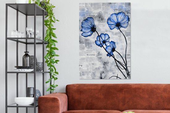 Toile Peinture Fleurs - Journal - Blauw - 80x120 cm - Décoration murale