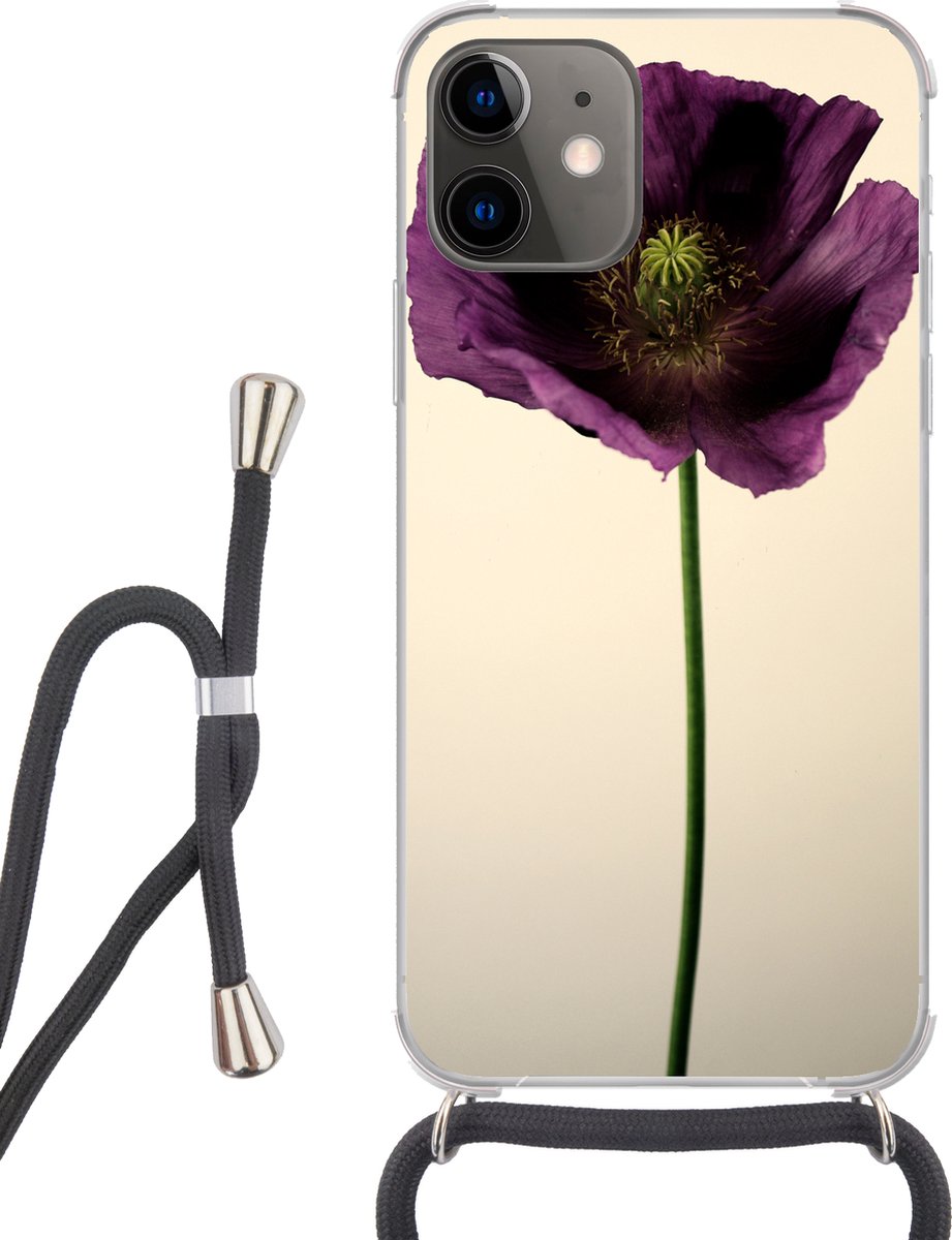 Telefoonhoesje Geschikt voor iPhone 12 Mini - Close-up van een paarse Klaproos - Siliconen - Crossbody - Backcover met Koord - Telefoonhoesje met koord - Hoesje met touw Telefoonhoesje