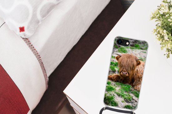 Coque avec cordon iPhone SE 2020 - Highlander écossais - Foin - Herbe - Siliconen - Bandoulière - Coque arrière avec cordon - Coque pour téléphone avec cordon - Coque avec corde