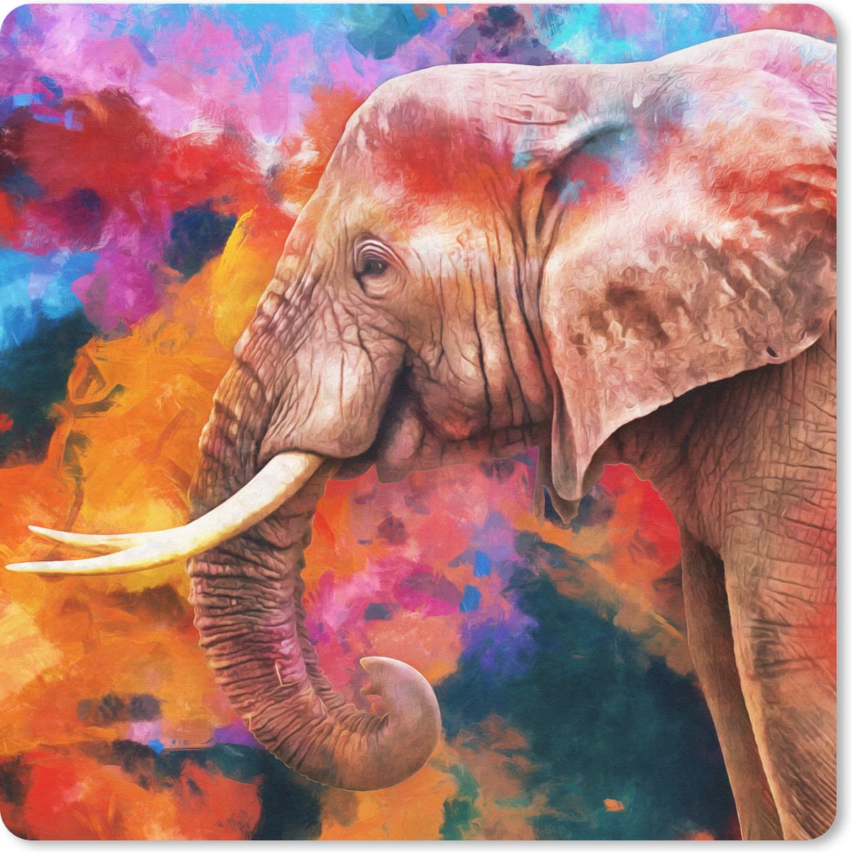 Muismat 20x20 cm - Mousepad Schilderij - Olieverf - Regenboog - Olifant - Muismatten