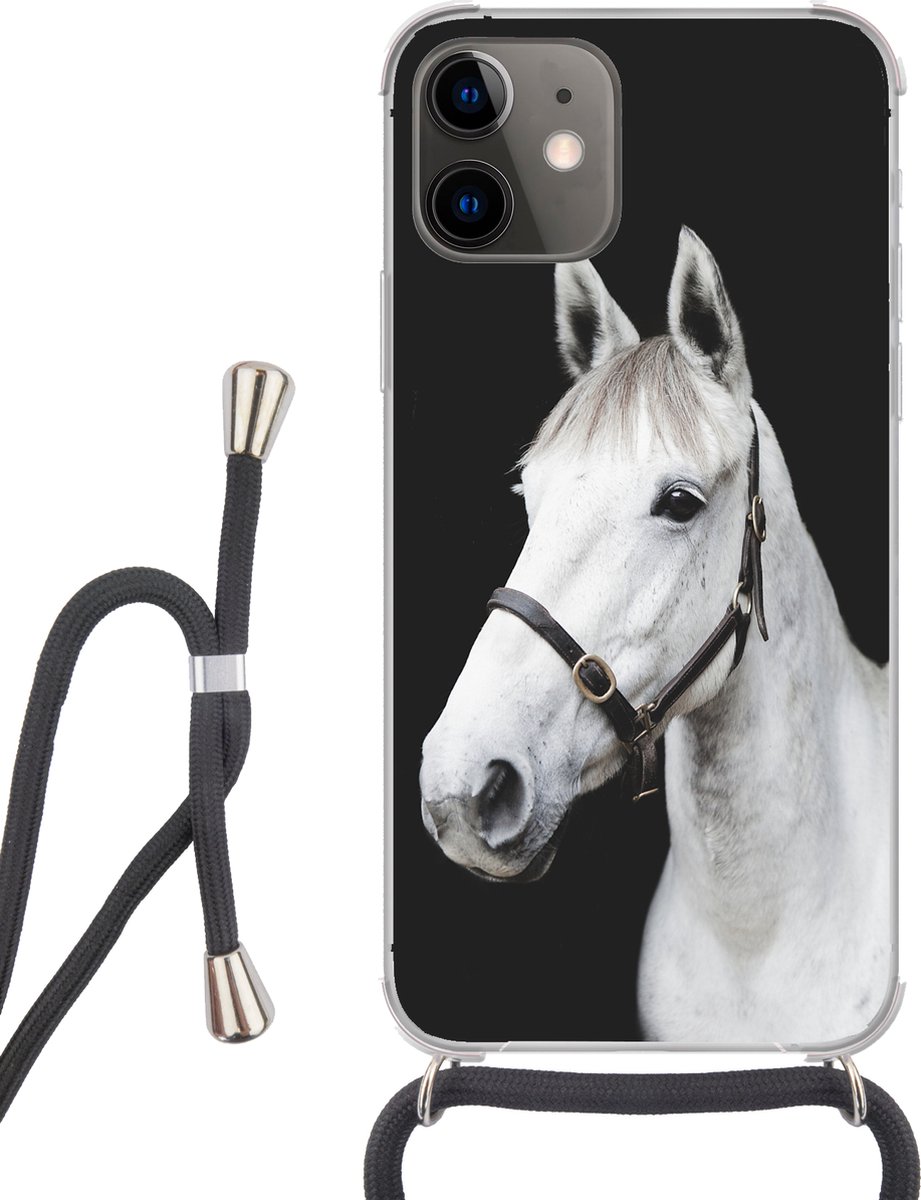 Telefoonhoesje Geschikt voor iPhone 12 Mini - Paard - Halster - Wit - Siliconen - Crossbody - Backcover met Koord - Telefoonhoesje met koord - Hoesje met touw Telefoonhoesje