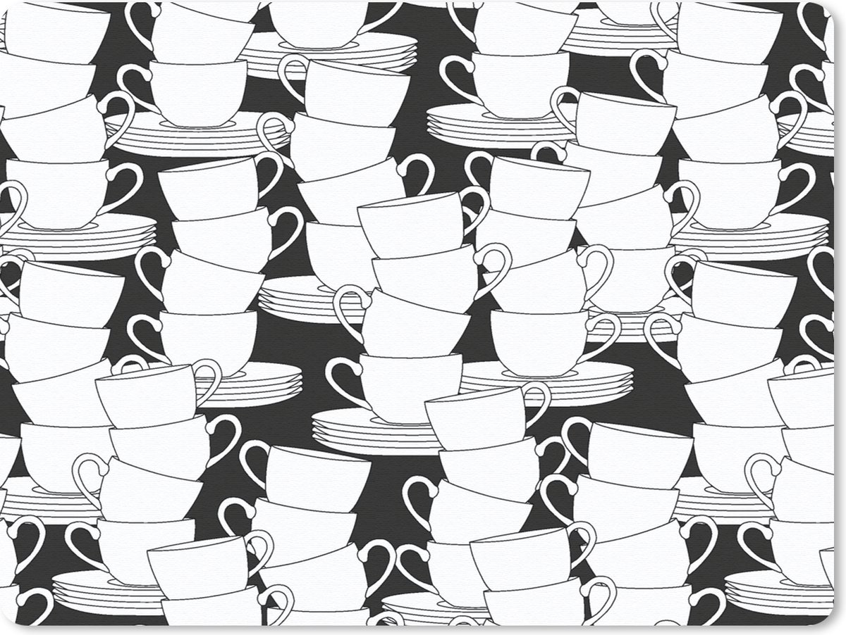 Muismat 23x19 cm - Mousepad Patronen - Zwart wit - Kopjes - Thee - Muismatten
