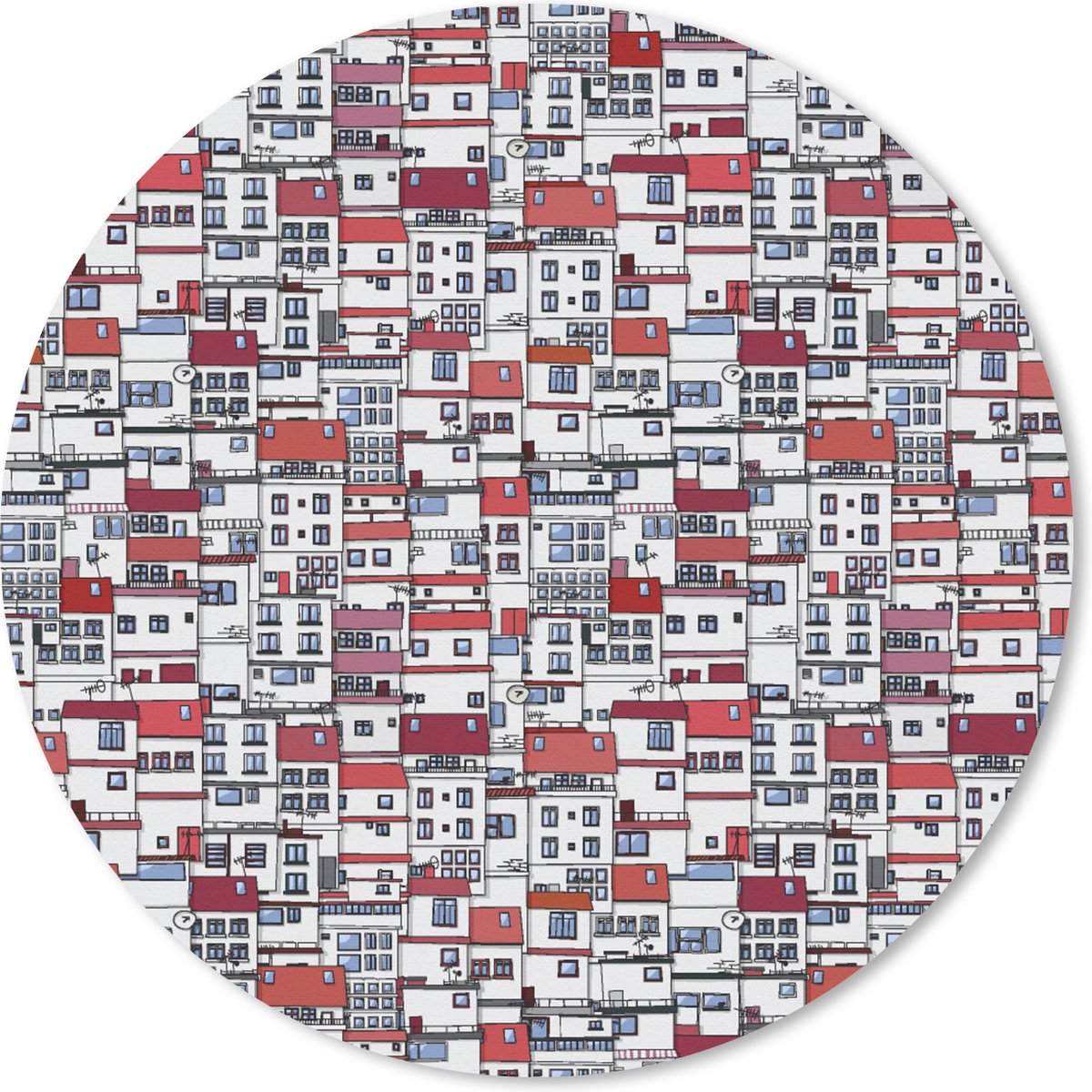 Muismat rond 50x50 cm - Mousepad Stad - Patroon - Huizen - Ronde muismatten