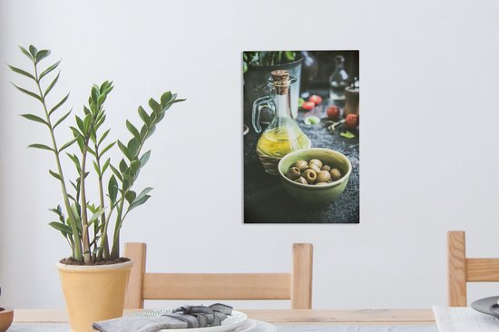 Olives dans un bol et une bouteille en verre à l'huile 20x30 cm - petit - Tirage photo sur toile (Décoration murale salon / chambre)