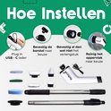 Hoe de witte elektrische schrobborstel in te stellen: opladen, borstel bevestigen, verlengstuk.