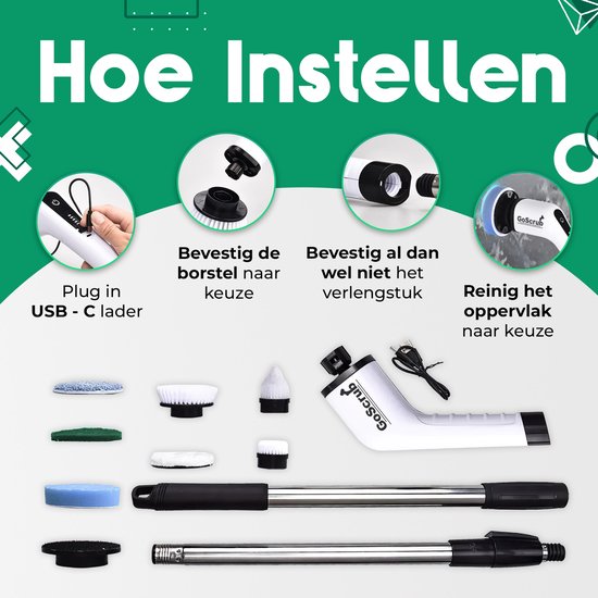 Hoe de witte elektrische schrobborstel in te stellen: opladen, borstel bevestigen, verlengstuk.