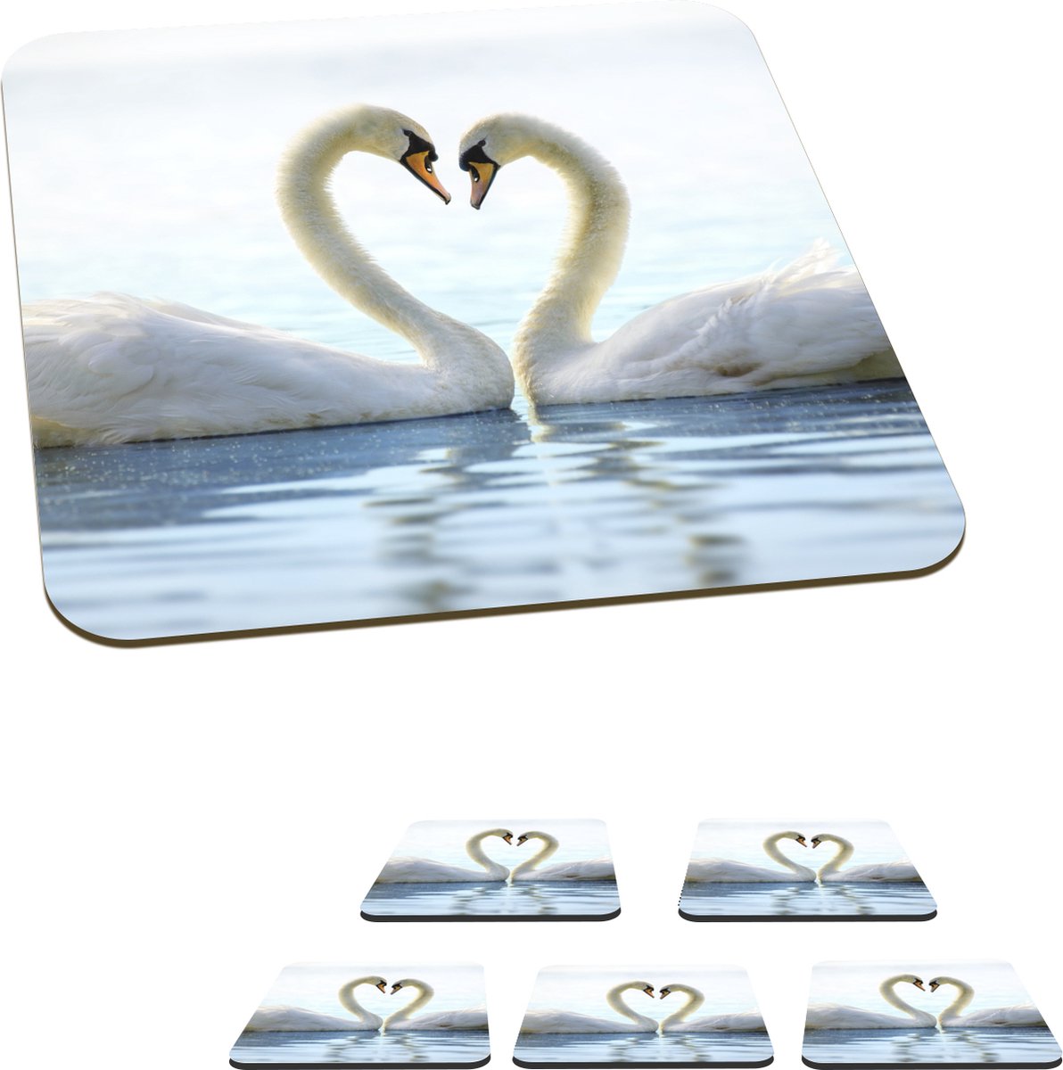 Onderzetters voor glazen - Zwanen - Hart - Koppel - 10x10 cm - Glasonderzetters - 6 stuks