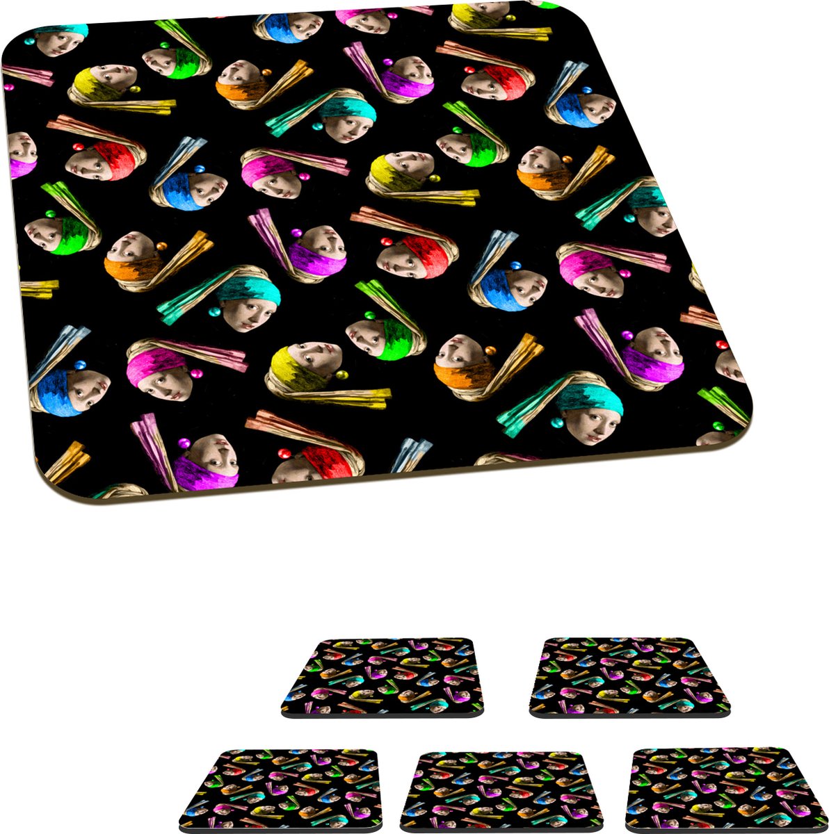 Onderzetters voor glazen - Meisje met de parel - Patronen - Vermeer - 10x10 cm - Glasonderzetters - 6 stuks