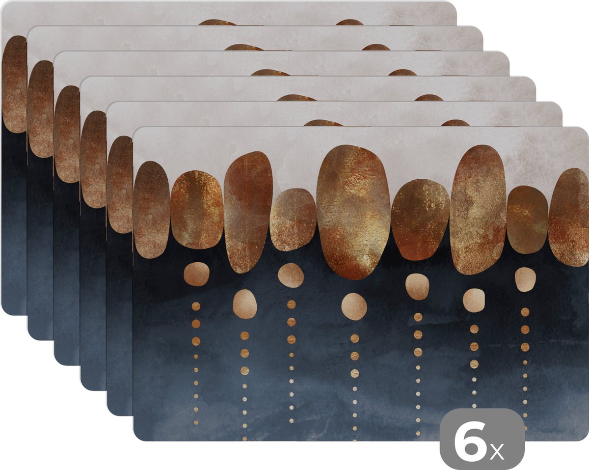 Placemat - Cirkel - Goud - Blauw - Abstract - Placemats - Onderleggers - 45x30 cm - 6 stuks