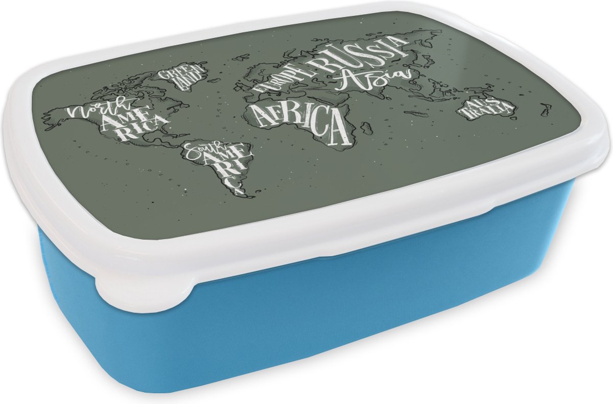 Broodtrommel Blauw - Lunchbox - Brooddoos - Wereldkaart - Grijs - Wit - 18x12x6 cm - Kinderen - Jongen