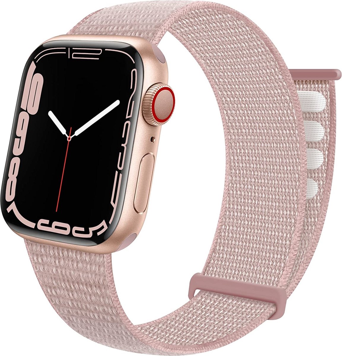 Strap-it Nylon Loop band - Geschikt voor Apple Watch bandje -Series 1/2/3/4/5/6/7/8/9/10/11/SE/SE2/SE3/Ultra (2/3) - Lichtroze - Nylon bandje met klittenband - Stof iWatch bandje voor maat: 44mm / 45mm / 46mm / 49mm