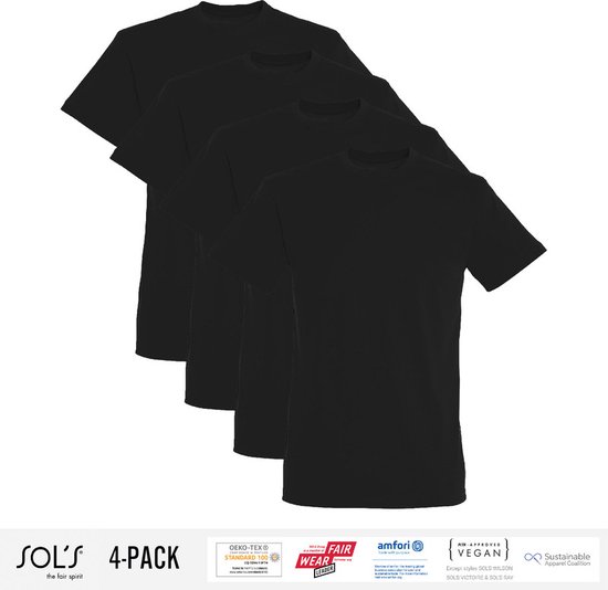 Lot de 4 T-Shirts Homme Sol's 100% Coton Bio Col Rond Zwart Taille 4XL