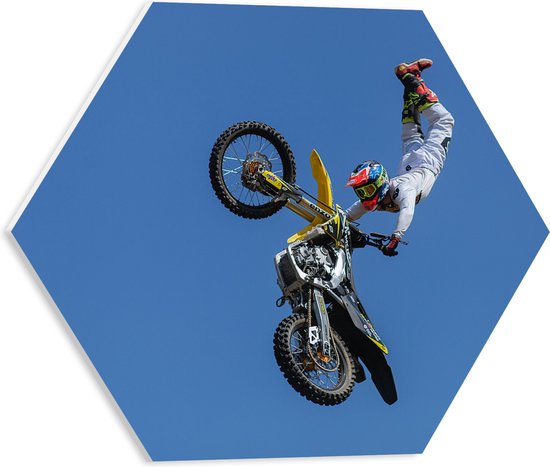 WallClassics - Plaque de Mousse PVC Hexagone - BMXeur Stunt dans les Airs - 40x34,8 cm Photo sur Hexagone (Avec Système d'accrochage)