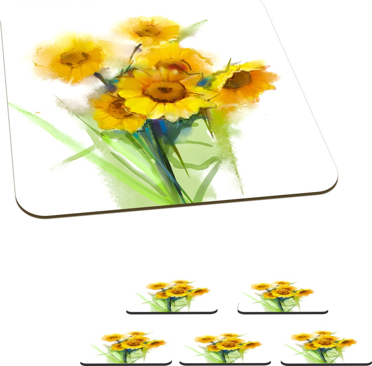Onderzetters voor glazen - Olieverf - Zonnebloemen - Kleuren - 10x10 cm - Glasonderzetters - 6 stuks