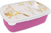 Broodtrommel Roze - Lunchbox - Brooddoos - Marmer - Goud - Wit - Chic - 18x12x6 cm - Kinderen - Meisje