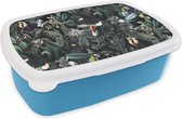Broodtrommel Blauw - Lunchbox - Brooddoos - Bloemen - Toekan - Bladeren - 18x12x6 cm - Kinderen - Jongen