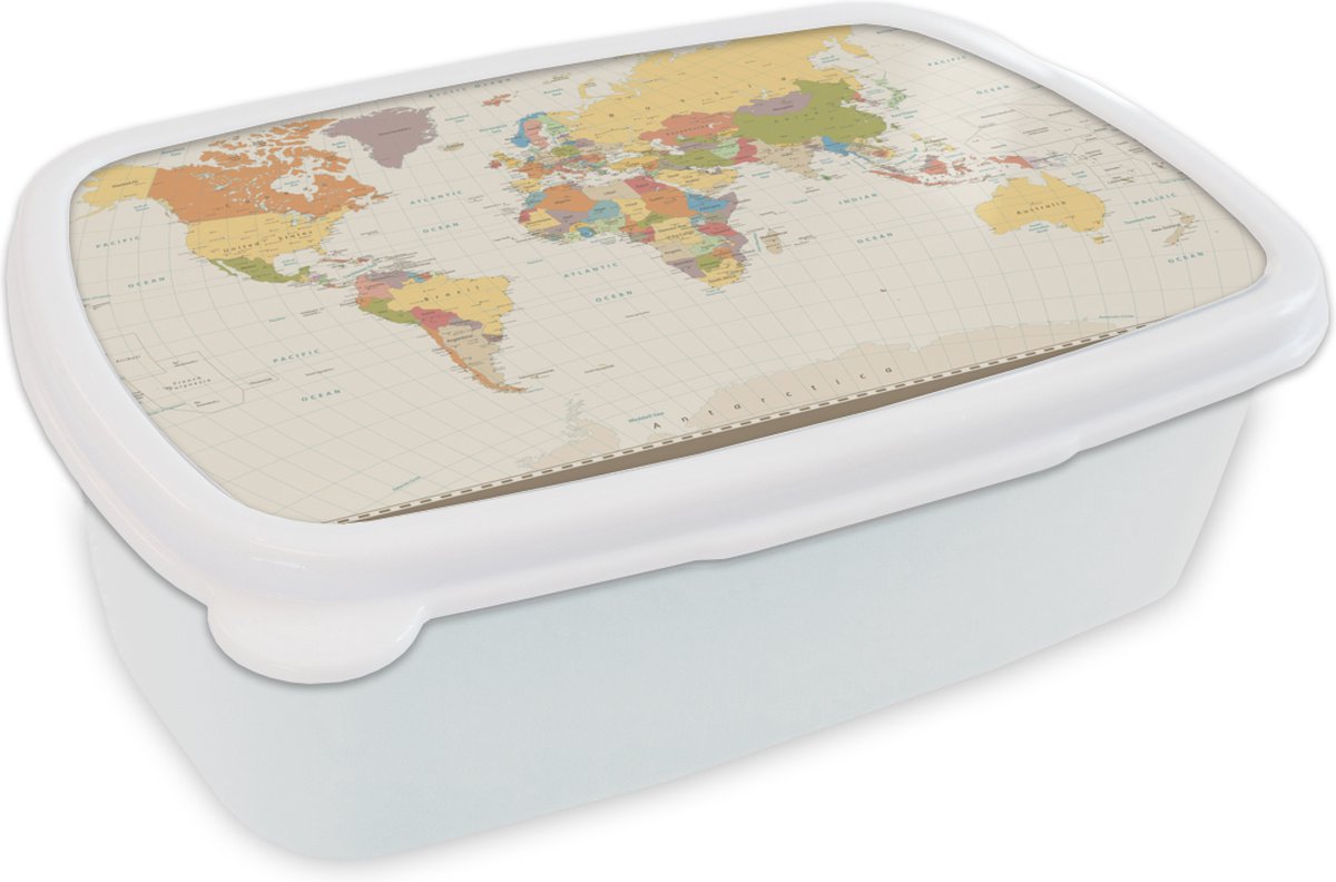 Broodtrommel Wit - Lunchbox - Brooddoos - Kaart - Wereld - Bruin - 18x12x6 cm - Volwassenen