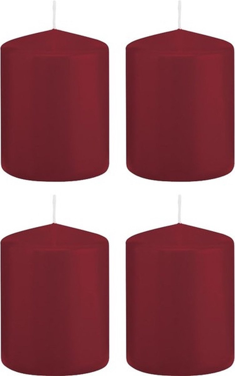 Trend Candles Cilinderkaars/stompkaars - 4x - bordeauxrood - 6 x 8 cm - 29 branduren - met brandvertragende folie Bordeaux rood
