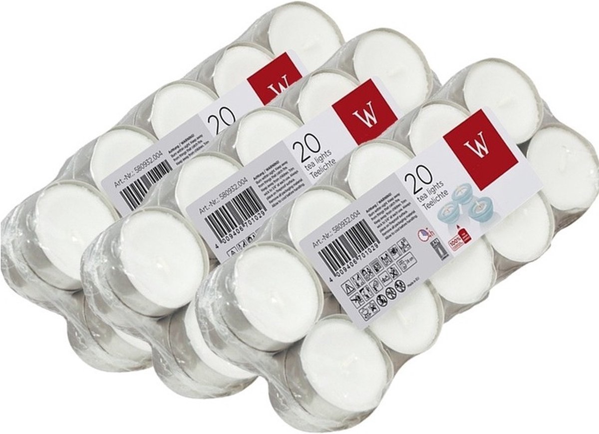 Trend Candles 60x Witte theelichtjes/waxinelichtjes 4 branduren - Geurloze kaarsen