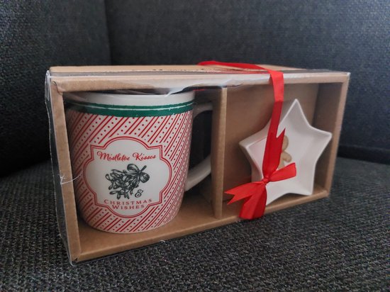 Kerst Geschenkset - 2-delig - Luxe Kerstmok met Theezakjes Schoteltje - Bedrukte Kerstmok met Schoteltje