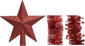 Kerstversiering kunststof glitter ster piek 19 cm en folieslingers pakket rood van 3x stuks - Kerstboomversiering