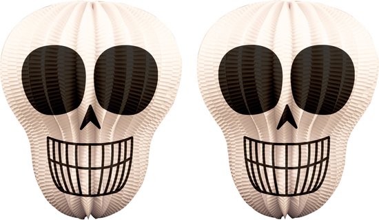 2x stuks bollampion 27 x 42 cm doodskop wit met lampionstokjes - Halloween trick or treat lampionnen versiering - Merkloos