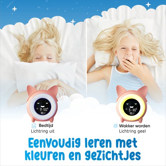 Kippa Slaaptrainer voor Kinderen – Slaapwekker – gezicht animatie – Snooze en Timer - Voor een verbeterde nachtrust - Nieuwste model – Roze