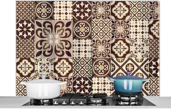 Spatscherm keuken 120x80 cm - Kookplaat achterwand Retro - Patronen - Bruin - Bloemen - Abstract - Muurbeschermer - Spatwand fornuis - Hoogwaardig aluminium