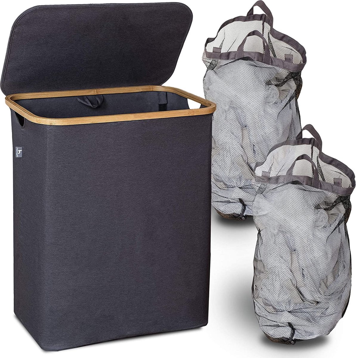 HENNEZ Wasmand 2 vakken met deksel - van 140L opvouwbaar met scheiding en een bamboe frame - wassorteerder inclusief waszak - laundry basket - wasmanden - wasbox zwart