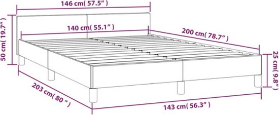 Dimensions du cadre de lit gris foncé : largeur 146 cm, profondeur 203 cm, hauteur de tête de lit 50 cm, hauteur de bordure de lit 25 cm.