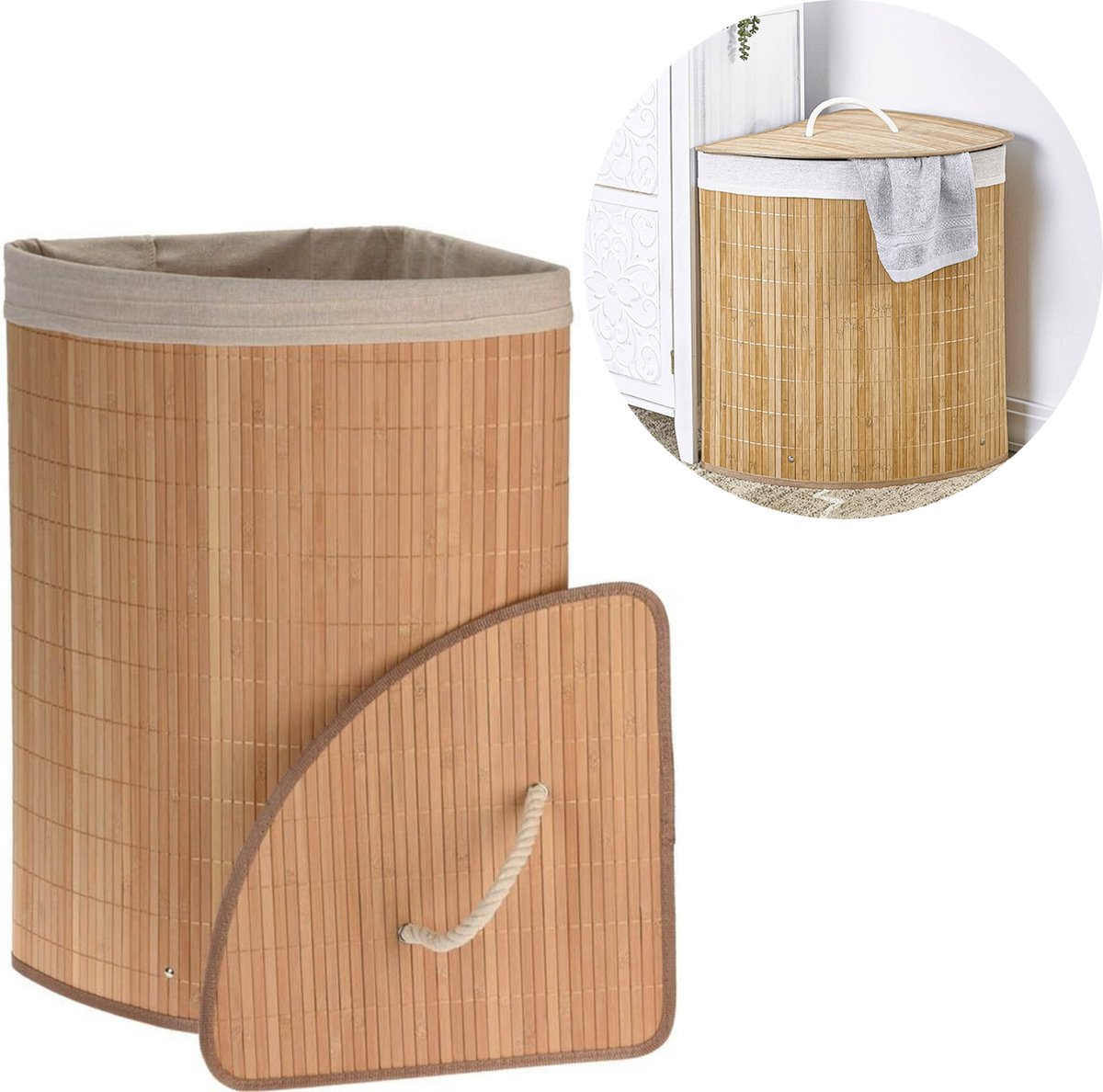 Cheqo® Hoek Wasmand met Deksel - Linnenmand - Wasbox - Wassorteerder - Laundry Basket - Bamboe Bruin - Beige Waszak - 35x35x60cm