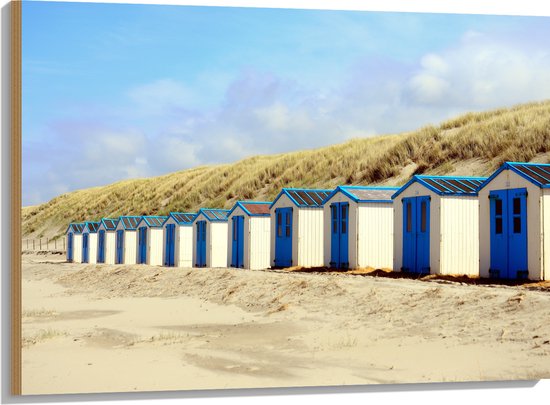 WallClassics - Hout - Blauw met Witte Strandhuisjes - 100x75 cm - 12 mm dik - Foto op Hout (Met Ophangsysteem)
