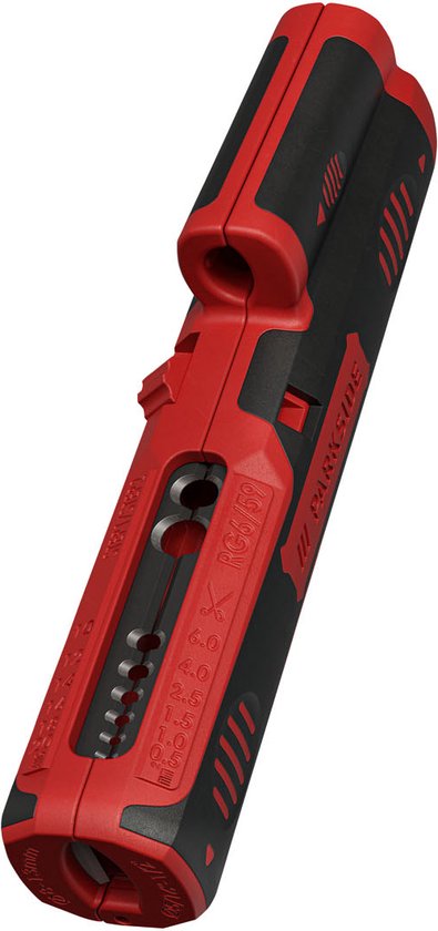 Een rode PARKSIDE kabelstripper met zwarte handgreep en markeringen in het zwart.