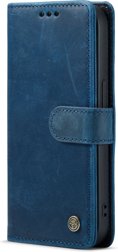 Blauw lederen portemonnee-hoesje voor iPhone 14 Pro, gesloten.