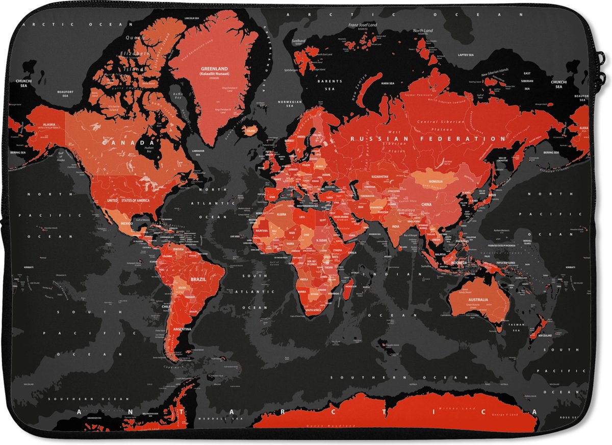 Laptophoes 14 inch 36x26 cm - Eigen Wereldkaarten - Macbook & Laptop sleeve Wereldkaart rood zwart - Laptop hoes met foto