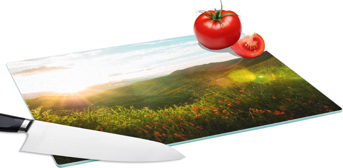 Glazen Snijplank - 39x28 - Heuvels - Zonsondergang - Gras - Groen - Snijplanken Glas