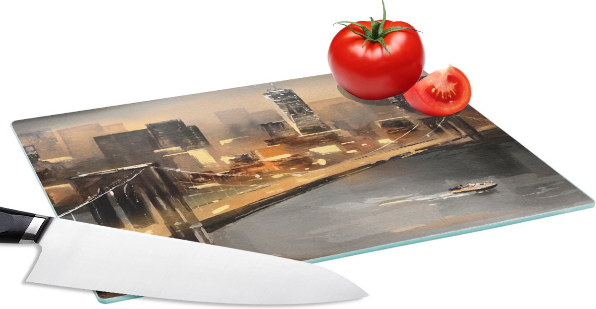 Glazen Snijplank - 28x20 - Schilderij - Olieverf - Skyline - Stad - Water - Snijplanken Glas