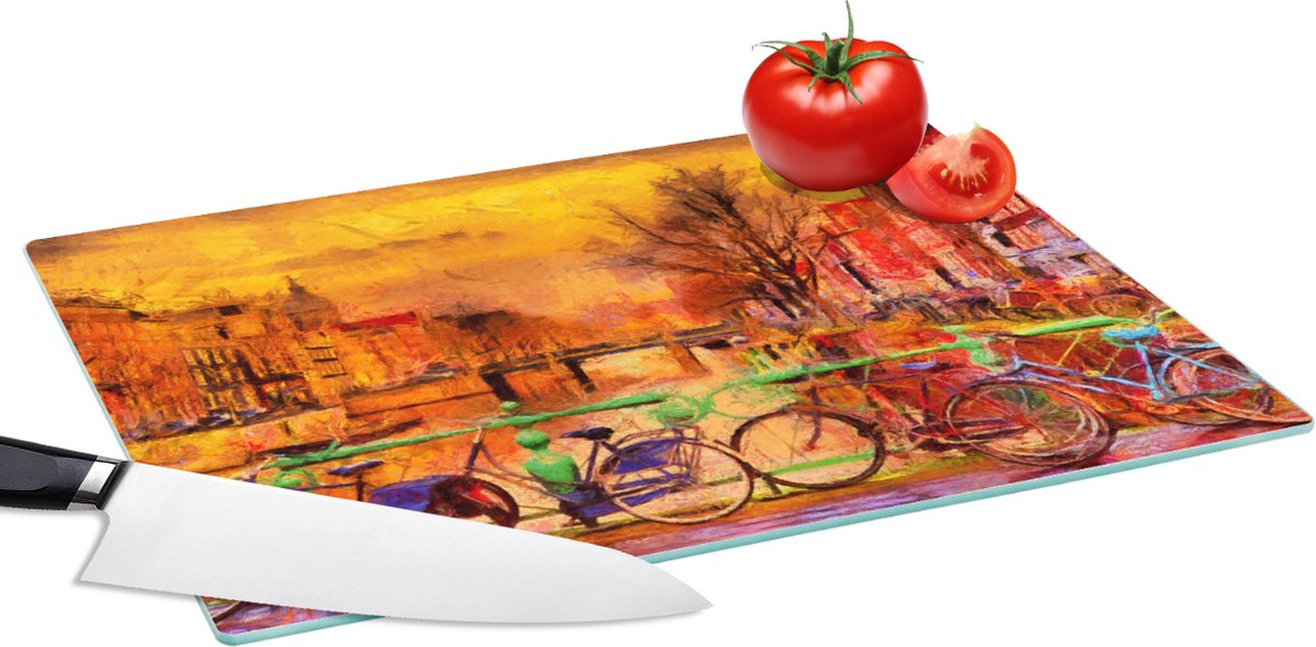 Glazen Snijplank - 39x28 - Schilderij - Fiets - Amsterdam - Gracht - Olieverf - Snijplanken Glas
