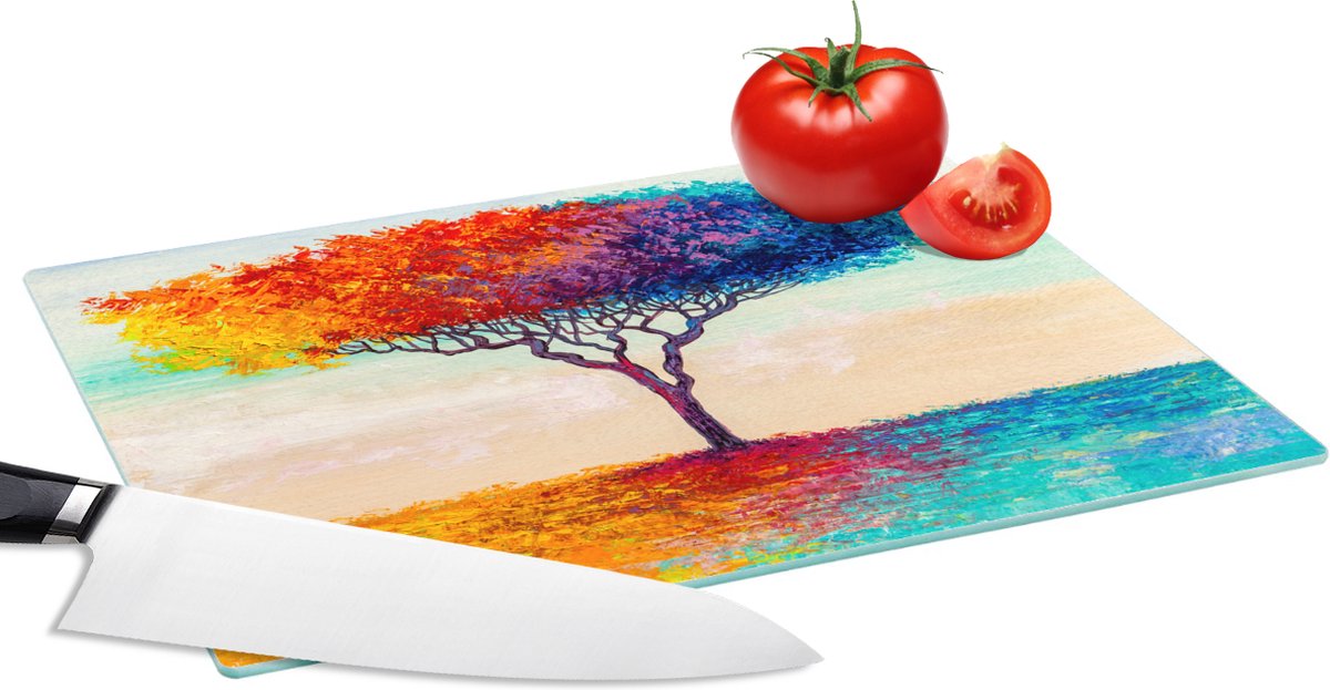 Glazen Snijplank - 28x20 - Schilderij - Boom - Olieverf - Regenboog - Snijplanken Glas