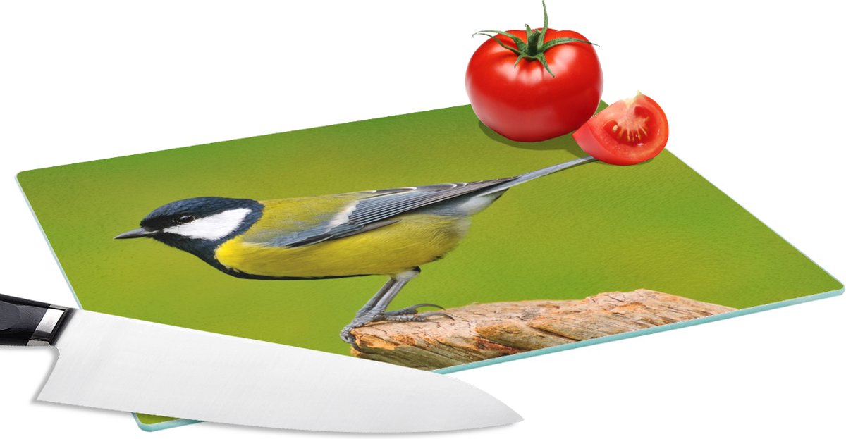 Glazen Snijplank - 28x20 - Vogel - Koolmees - Dieren - Groen - Snijplanken Glas