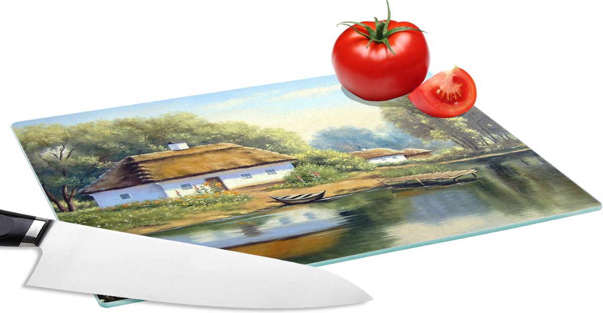 Glazen Snijplank - 28x20 - Schilderij - Huis - Natuur - Water - Olieverf - Snijplanken Glas