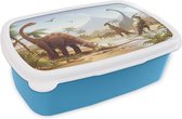 Broodtrommel Blauw - Lunchbox - Brooddoos - Dinosaurus - Landschap - Tropisch - Kinderen - Jongens - 18x12x6 cm - Kinderen - Jongen