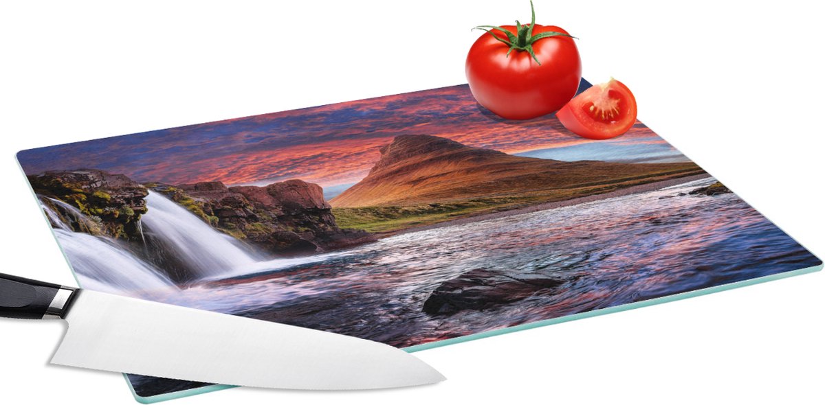 Glazen Snijplank - 39x28 - Waterval - Berg - Wolken - Roze - Landschap - Snijplanken Glas