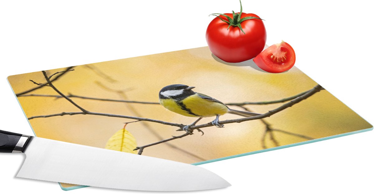 Glazen Snijplank - 28x20 - Koolmees - Tak - Vogel - Dieren - Snijplanken Glas