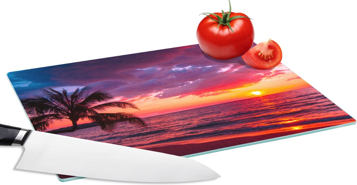 Glazen Snijplank - 28x20 - Zon - Horizon - Roze - Palmboom - Zee - Snijplanken Glas