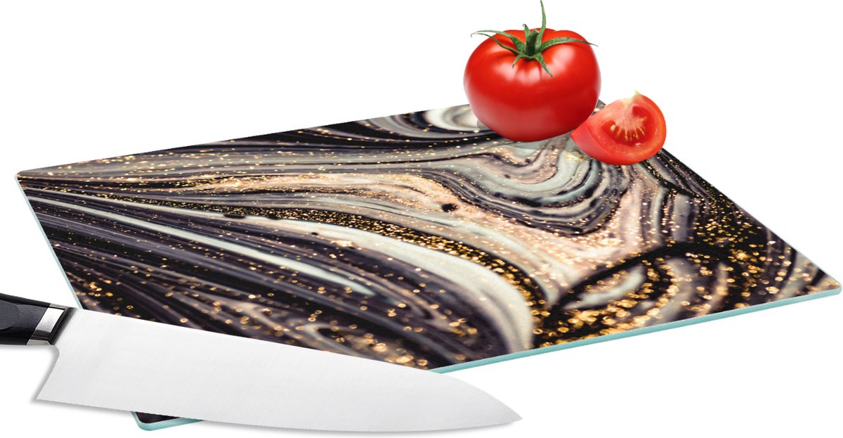 Glazen Snijplank - 28x20 - Marmerlook - Zwart - Goud - Wit - Glitter - Marmer - Snijplanken Glas