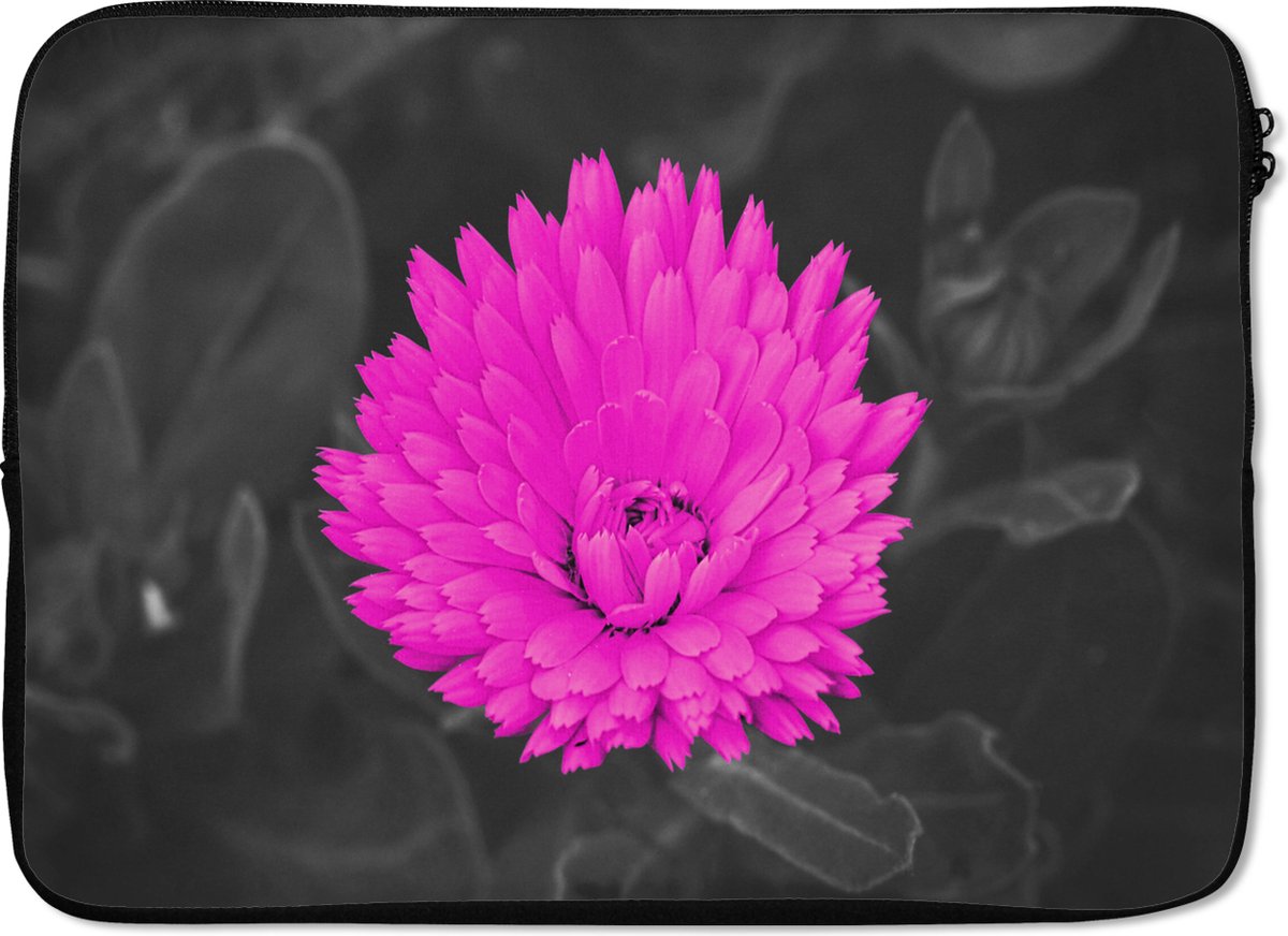 Laptophoes 14 inch - Bloemen - Waterverf - Roze - Laptop sleeve - Binnenmaat 33x23 cm - Zwarte achterkant