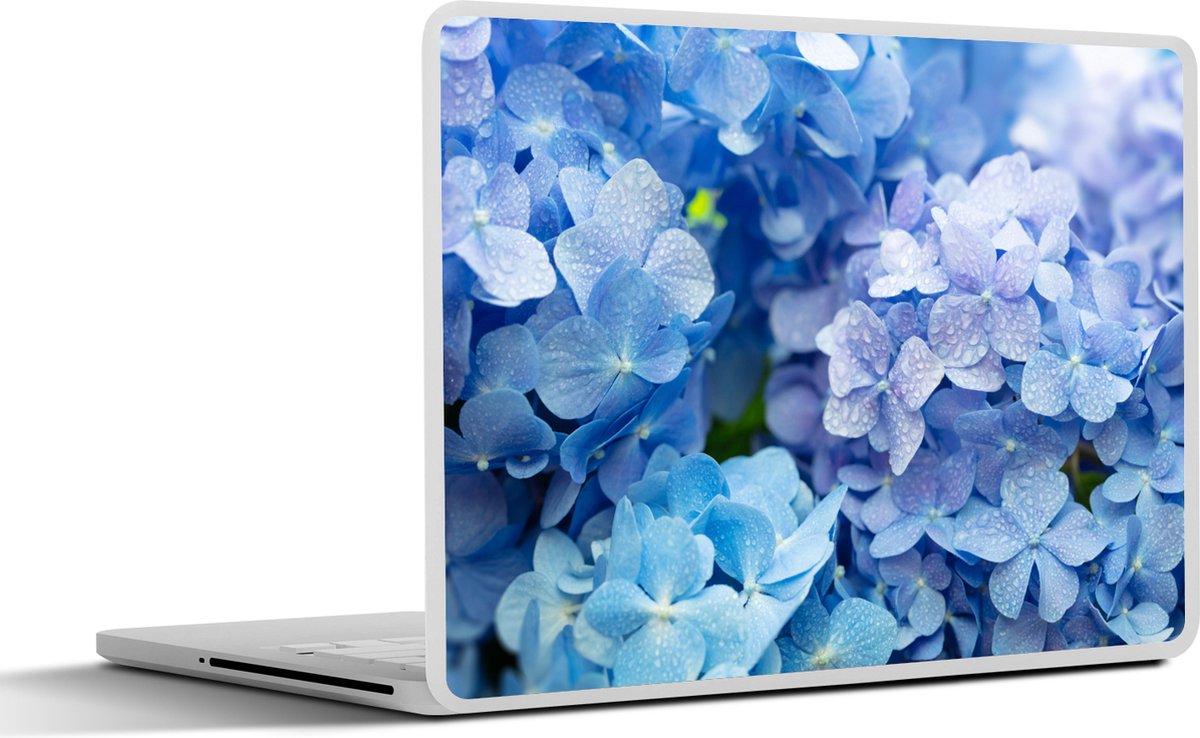 Laptop sticker - 15.6 inch - Hortensia - Waterdruppel - Bloemen - Botanisch - Blauw - 36x27,5cm - Laptopstickers - Laptop skin - Cover
